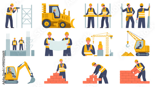 Construction crew collaborating on a building project with heavy machinery and tools