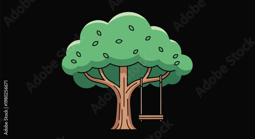 Pixel Art Green Tree With Hanging Swing On A Black Background Isolated