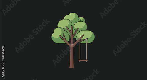 Pixel Art Green Tree With Hanging Swing On Dark Background Isolated Object