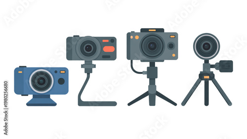 Three different types of webcams mounted on tripods for video recording