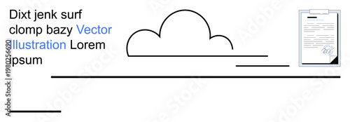 Cloud computing, digital contracts, data organization, office workflow, online storage, streamlined productivity. Minimalist cloud and clipboard with contract illustration. Cloud computing