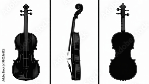 Three different types of stringed musical instruments in black and white silhouette