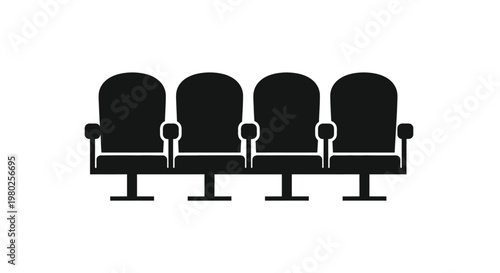 A simple black silhouette illustration depicts four empty theater seats in a row