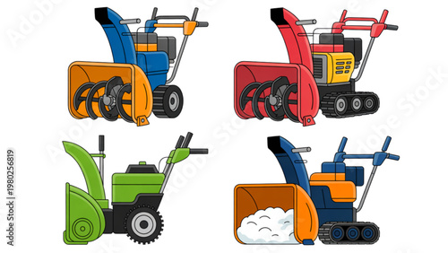 Colorful garden tractors in various designs and positions