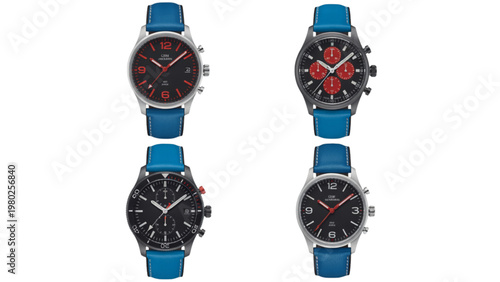 Three stylish smartwatches with blue and black straps displayed side by side