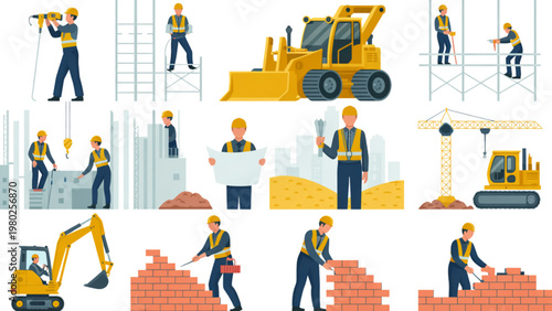 Diverse group of construction workers collaborating with heavy machinery and tools