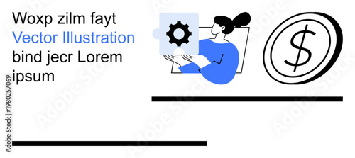 Business operations, financial management, digital tools, technology, entrepreneurship, data systems. Woman with tablet, gear icon dollar symbol. Business operations and financial management concept