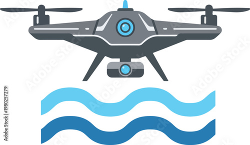 Pixel Art Grey Drone Hovering Over Blue Water Waves Isolated Vector