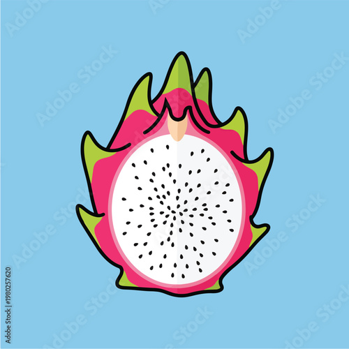 Pixel Art Half Dragon Fruit On Light Blue Background Isolated Object