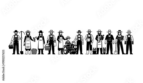 Diverse farmer silhouettes collection with agricultural workers in rural lifestyle poses isolated on white background vector