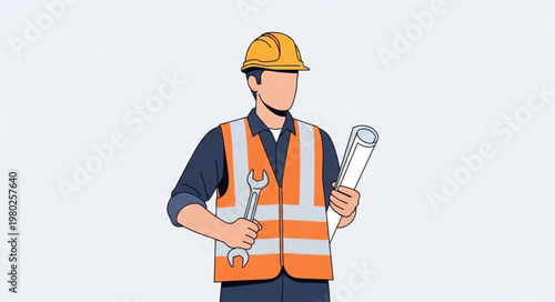 Construction worker in hard hat holding plans and wrench.