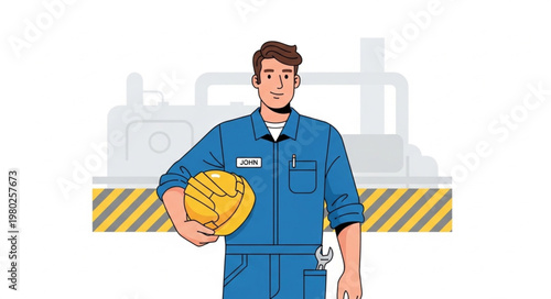 Construction worker in blue coveralls holding hardhat.