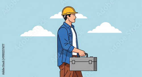 Construction worker in hard hat carrying toolbox.