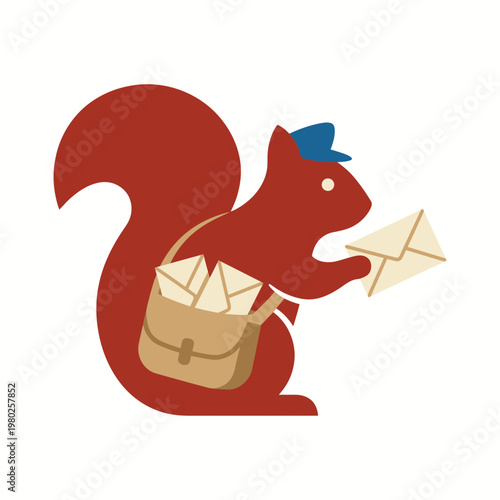 A vector illustration of a red squirrel wearing a blue hat delivers envelopes.