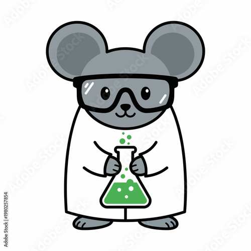 A cartoon mouse in a lab coat holds a beaker vector illustration