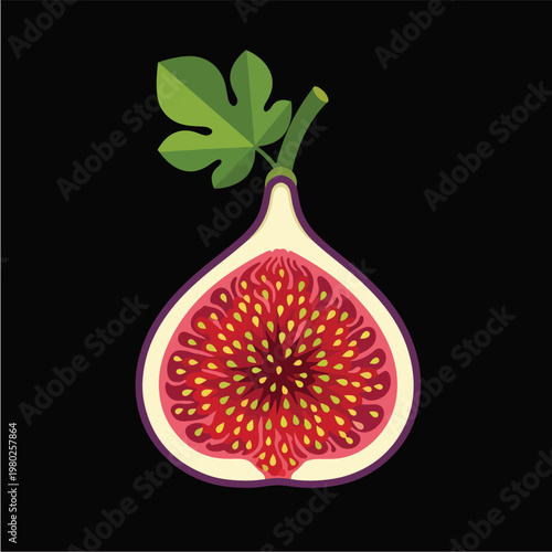 Pixel Art Half Fig Fruit With Leaf Isolated On Black Background