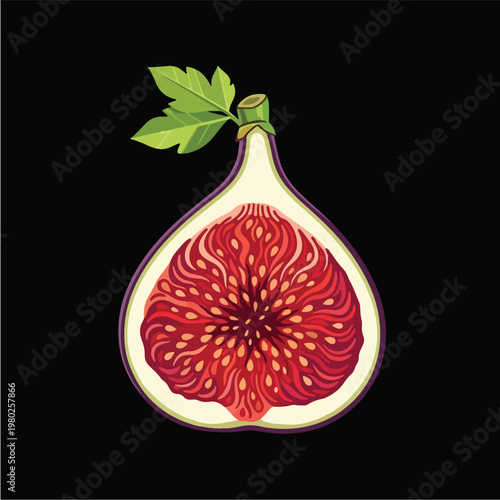 Pixel Art Half Fig Fruit With Leaves Isolated Object On Black Background