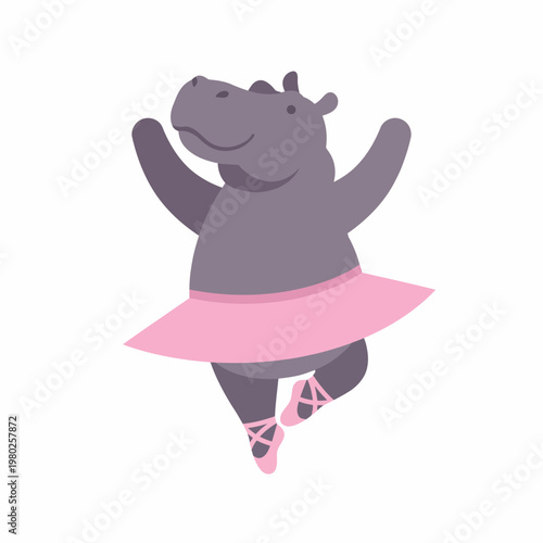A vector illustration of a happy hippo wearing a pink tutu and ballet shoes.