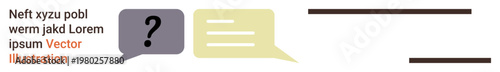 Communication, dialogue, conversation, inquiry, questions, answers. Purple speech bubble with question mark next to yellow bubble with horizontal lines. Communication and dialogue theme for messaging