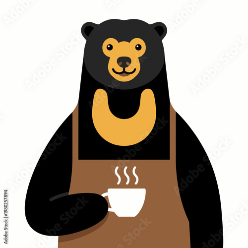 A vector bear holds a steaming cup wearing apron indoors.