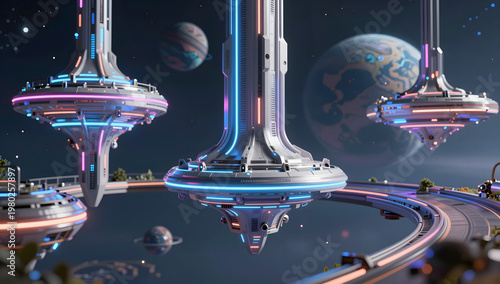 Futuristic Space City with Floating Rockets and Sci-Fi Skyline