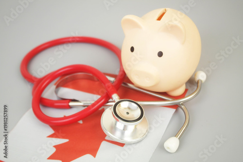 Red stethoscope on flag of Canada. Canadian medicine and health insurance concept.
