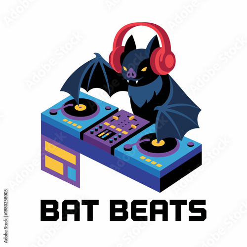Vector illustration of a bat wearing headphones on a mixer console