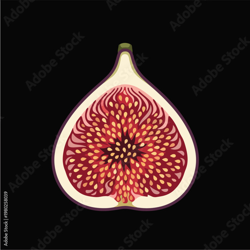 Pixel Art Half Fig Showing Seeds And Flesh Isolated On Black Background