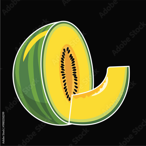 Pixel Art Half Melon Sliced Yellow Fruit Black Background Isolated Object