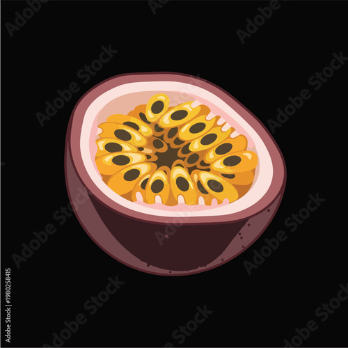 Pixel Art Half Passion Fruit Isolated On Black Background Vector