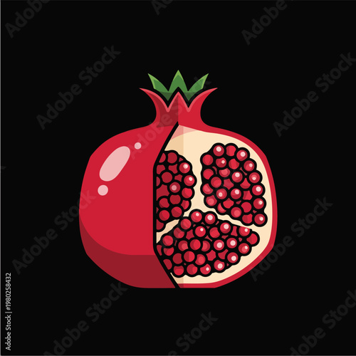 Pixel Art Half Open Red Pomegranate Vector Illustration Black Background