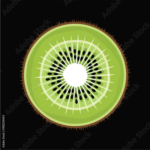Pixel Art Half Kiwi Fruit Slice Isolated On Black Background Vector