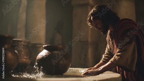 Jesus restoring equilibrium between natural forces through presence alone + water movement settling into balanced rhythm around the vessel + soft balanced light across the entire scene + wide shot wit