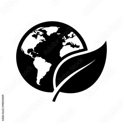 Black Earth Globe With Leaf Silhouette Icon planet