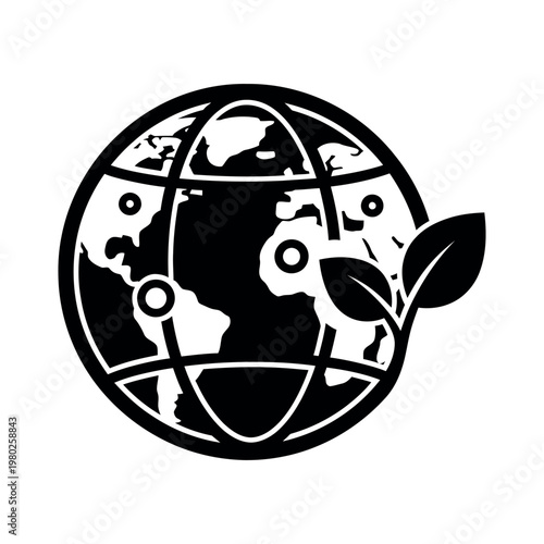 Globe with network lines and a growing leaf icon earth