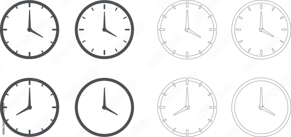 Fototapeta premium Gray Clock Icons Set Different Times Flat and Outline Vector