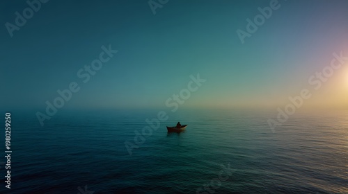 Jesus in a boat as the horizon line dissolves completely leaving no boundary between sea and sky + disciples experiencing spatial ambiguity around them + soft blended lighting merging all planes + med