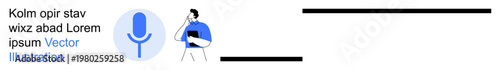 Technology, digital assistants, communication tools, voice recognition, online communication, AI interaction. Microphone icon and person interacting with a tablet. Voice recognition and digital