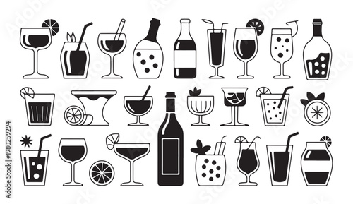 Alcoholic beverage icons set featuring diverse cocktail glasses and liquor bottles silhouettes.