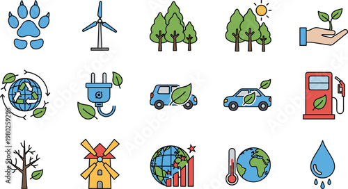 Green energy and eco lifestyle icons set featuring renewable power electric cars forest wind turbine climate change sustainability concept illustration