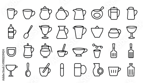 Kitchenware line icon set featuring mugs teapots pitchers and cooking utensils on white back.