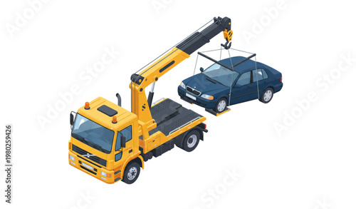 Tow truck with crane recovering broken car isometric vector illustration isolated on white background roadside assistance concept