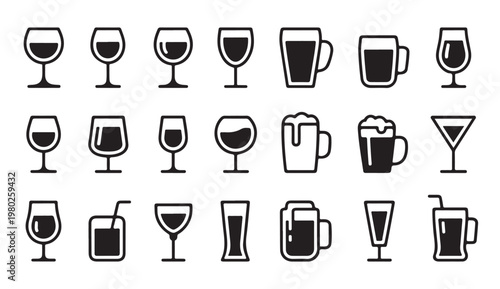Drinks and cocktails icon set showing beer mugs wine glasses and refreshing beverage items.