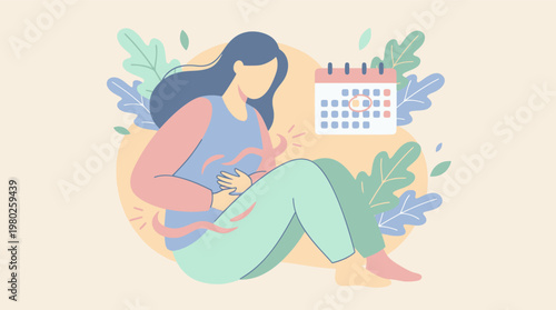 Young Adult Woman Experiencing Abdominal Menstrual Pain - Flat Vector Illustration