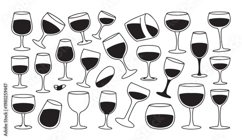 Red wine glass variety illustration showing different shapes tilted and filled with liquid.