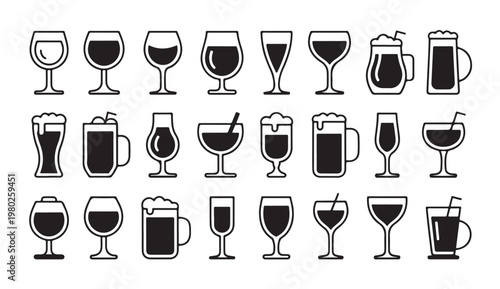 Beverage menu icon collection featuring various beer mugs wine glasses and cocktail shapes.
