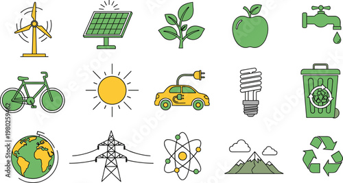 Renewable energy and eco lifestyle icons set with solar panel, wind turbine, recycling, electric car, sustainability illustration concept