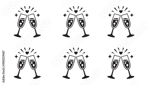 Champagne glasses clinking for celebration toast with hearts and sparkles vector illustration.