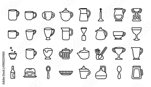 Mugs pitchers cups and glasses for beverages and drinks vector illustration set.