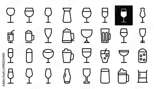 Wine glasses and beer mugs with drinks and ice vector illustration icons set.